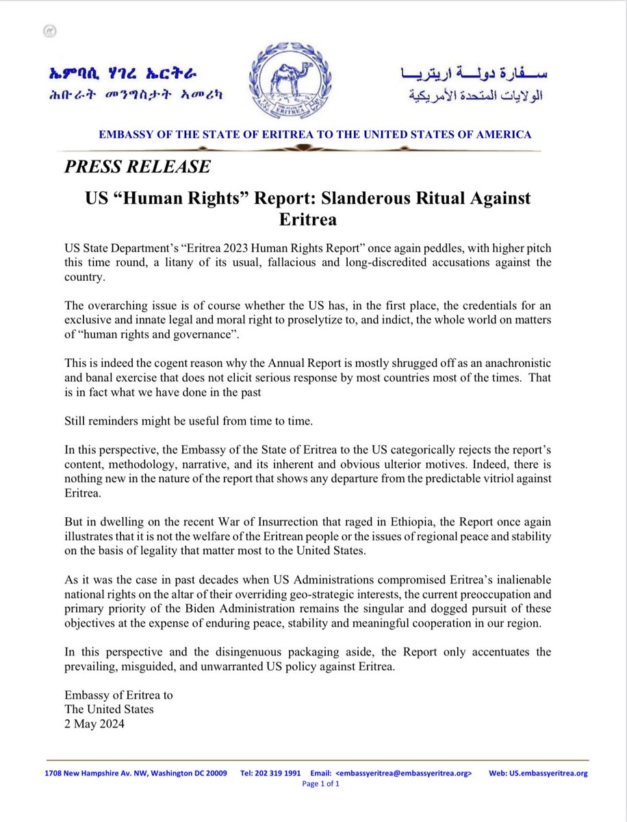 ‘#US State Department’s “#Eritrea 2023 Human Rights Report” once again peddles, with higher pitch this time round, a litany of its usual, fallacious and long-discredited accusations against the country.’ Embassy of Eritrea #Washington #EritreaPrevails