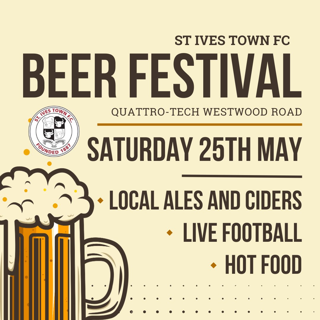 ST IVES BEER FESTIVAL! 🍻 Join us on the 25th of May as we host our annual beer festival! Full details below. 👇 stivestownfc.co.uk/st-ives-beer-f…