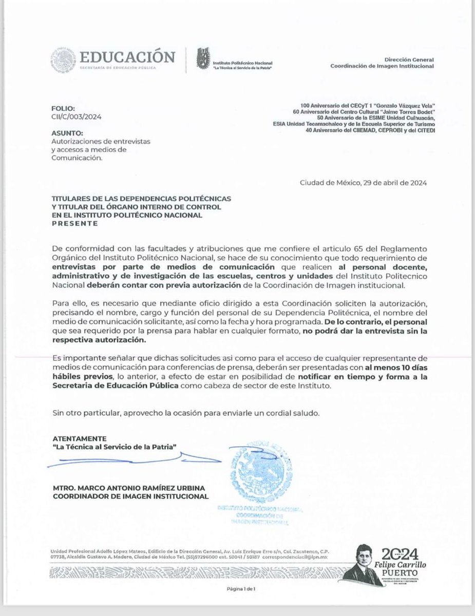 ¿Ya vieron? Es una completa violación a la libertad de expresión. ¿Así es como administras al IPN @ArturoReyesS_? ¿Se imaginan amigos(as) de la prensa si una académica o académico que quieran entrevistar tiene que pedir permiso 10 días antes? Así tratan a organismos no autónomos.