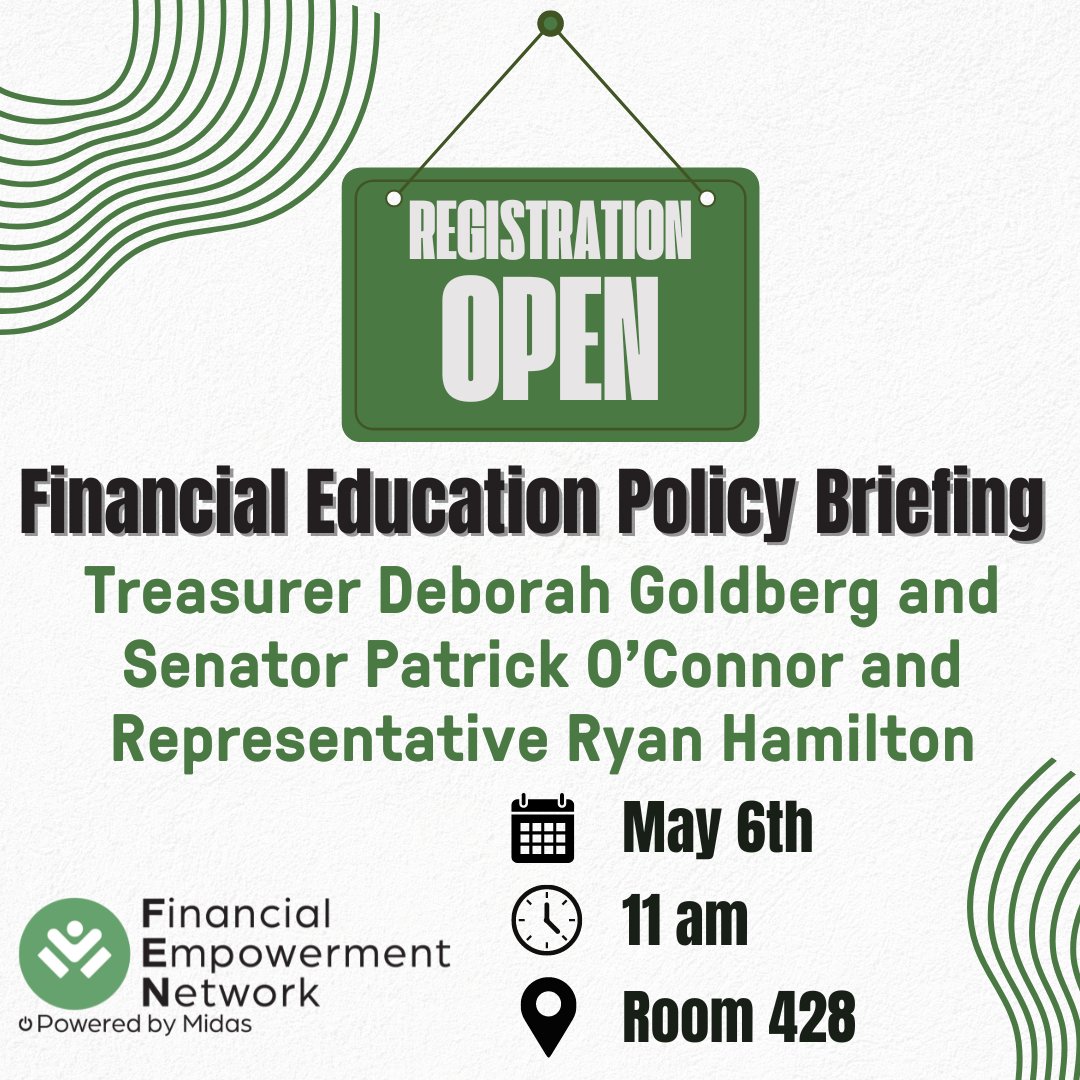 Join Treasurer Goldberg, Senator O’Connor, and Representative Hamilton on May 6 at 11a in Room 428 for a policy briefing on the current landscape of financial education and the long-term benefits of integrating financial education into school curricula. bit.ly/3JJF50A