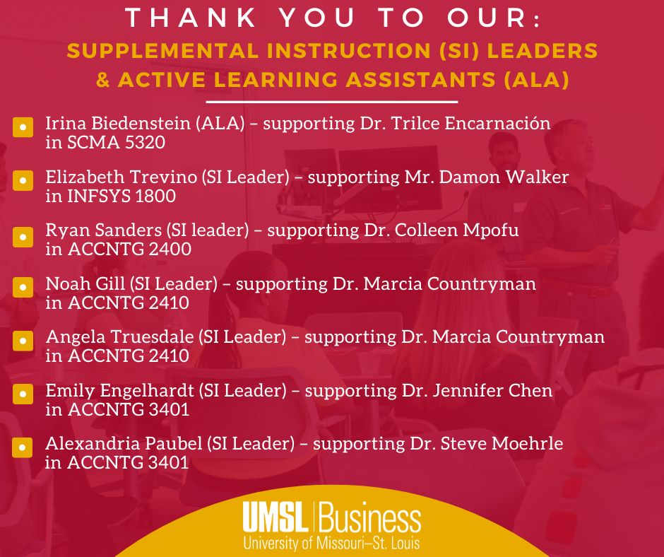 We want to take the time to show our appreciation to some of our student leaders who assist our faculty in the classroom. These students help to enhance learning by supporting their peers throughout the semester. #UMSLProud