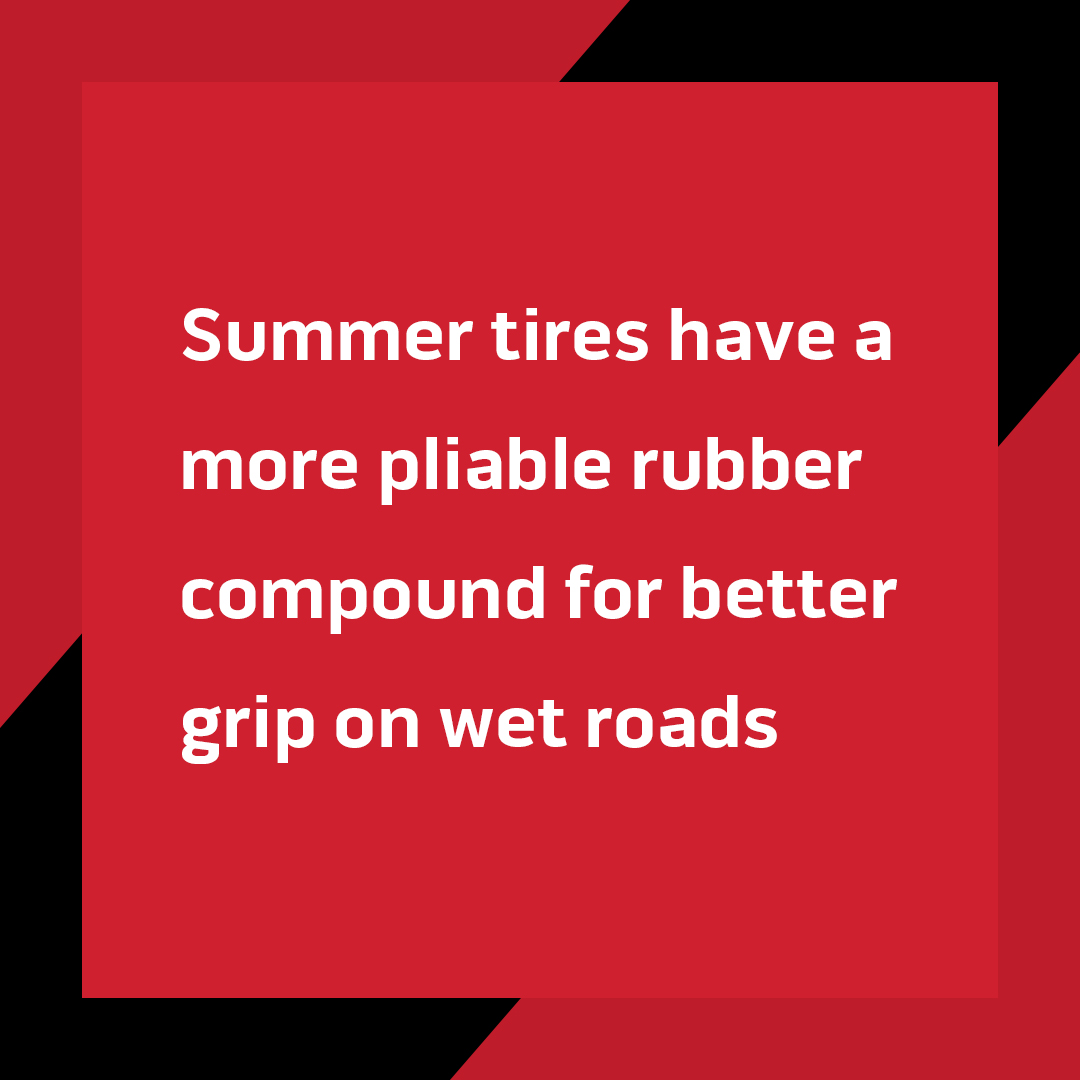 ⬅️ 💦 ➡️ DYK? The tread is designed to channel water away from the tire to prevent hydroplaning. Usually, they have a less aggressive tread pattern compared to all-season or winter tires. #Tires #Summer #TireExpert #LetsGetYouTakenCareOf