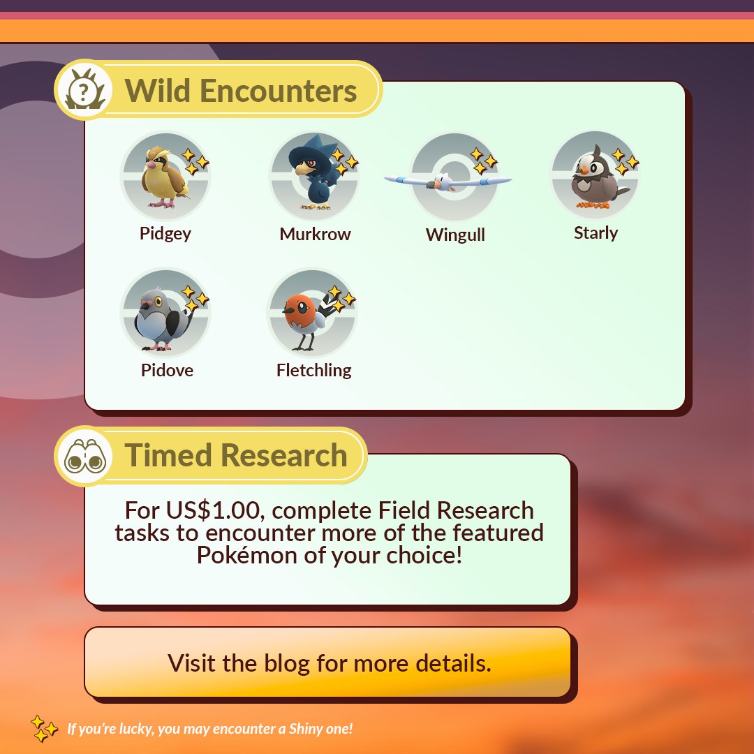 Catch some feathered Pokémon before they take flight! The Flock Together Research Day event takes place Saturday, May 11, 2024, from 2:00 p.m. to 5:00 p.m. local time! #PokemonGO #WorldOfWonders pokemongolive.com/post/flock-tog…