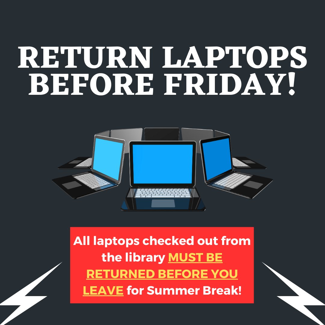 ATTENTION! All laptops checked out from the library need to be returned by Friday, May 3rd BEFORE 5 PM, so the software can be updated! Laptops CANNOT be renewed at this time. Thank you for your cooperation! #vannlibrary #laptops #checkouts #returns @USFFW
