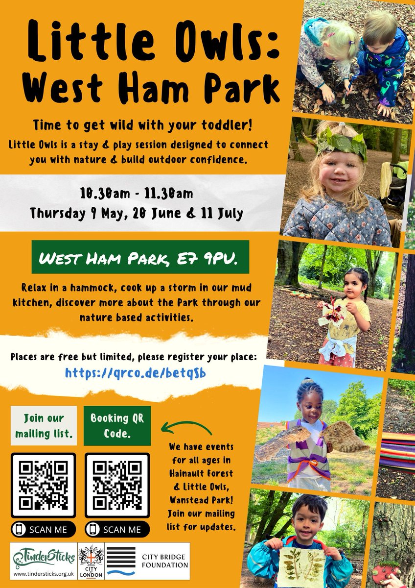 TindersticksCIC's tweet photo. Little Owls starts next week! 2 &amp; 16 May: Wanstead Park 9 May: West Ham Park. 
Join us for FREE outdoor fun with your toddler. Additional places may be released a few days before event so please join the waiting list &amp; they'll automatically come to you! https://t.co/RLgLuzfXbn https://t.co/ThpaULAj6L