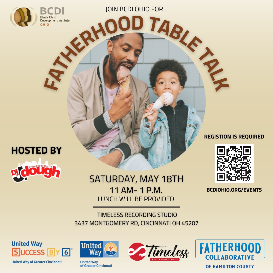 Join BCDI Ohio for a Fatherhood Table Talk!

Date/Time: Saturday May 18th, 11AM-1PM

Location: Timeless Recording Studio
3437 Montgomery Rd, Cincinnati OH, 45207 

#fatherhood #fathers #blackfathers #tabletalk #blackhistory