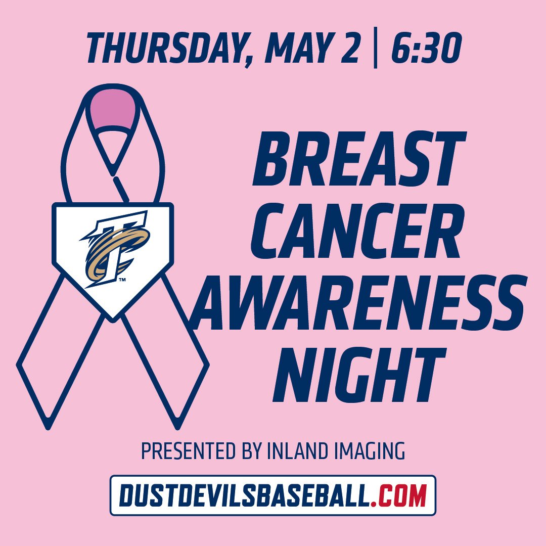 It's Breast Cancer Awareness Night presented by Inland Imaging so be sure to wear your pink! We will raffle off a D'Shawn Knowles signed pink bat at the end of the night so be sure to get your tickets NOW. #tcdustdevils #standuptocancer TICKETS HERE: milb.com/tri-city-dust-…