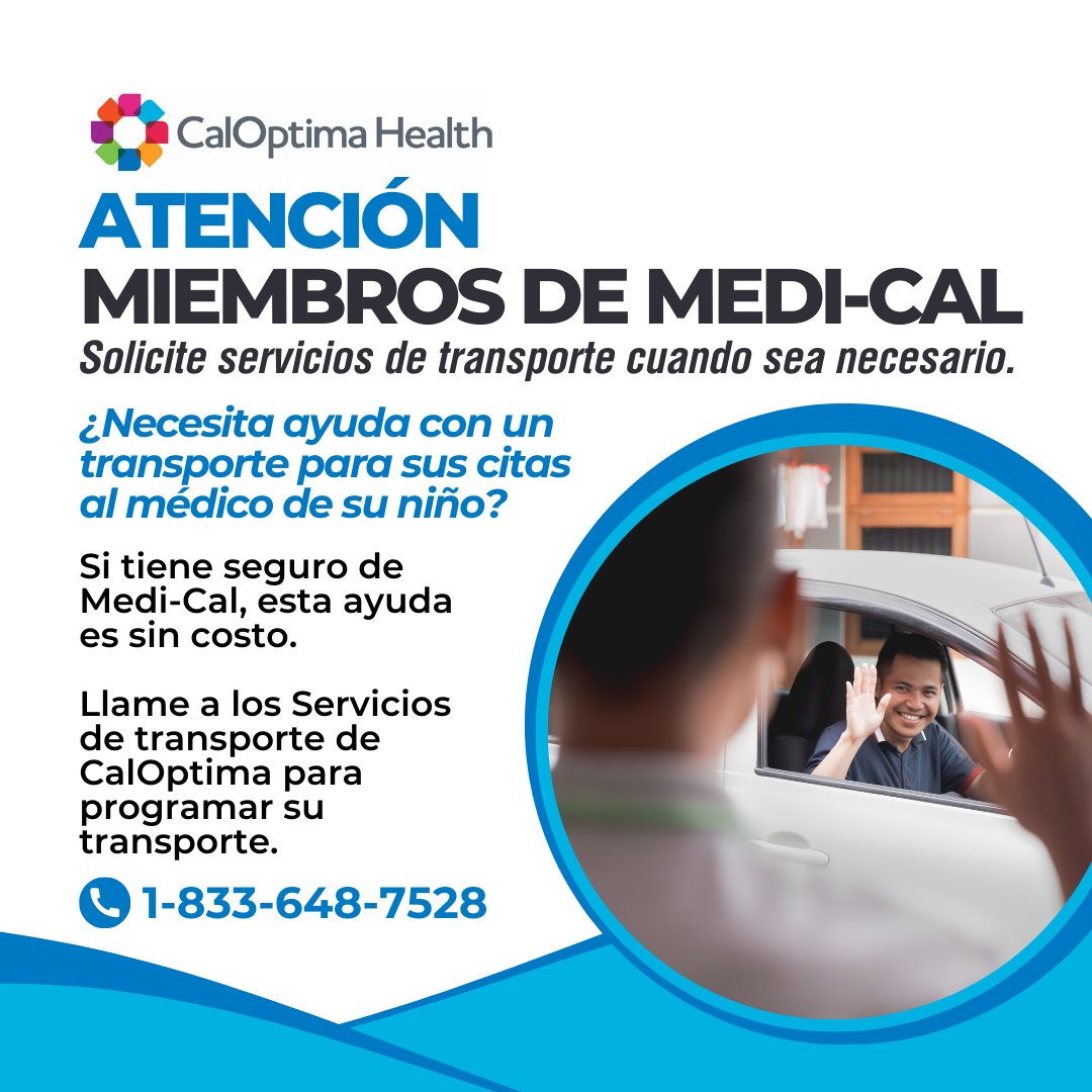 First5OC's tweet image. Do you need help with a ride for your child’s doctor visit? If you have Medi-Cal insurance, there is no cost for this help. Call CalOptima Health’s transportation line to tell them when and where to pick you up at 1-833-648-7528. #CalOptimaHealth #MediCal #WellChildVisits
