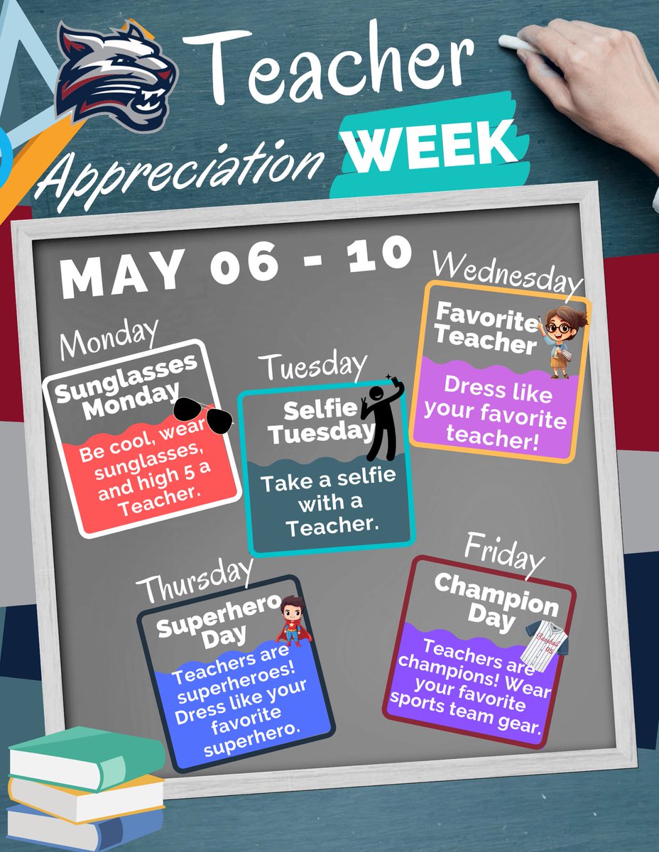 🐾May is Teacher 👩‍🏫👨‍🏫 Appreciation Month 🗓️! Let’s celebrate 🎉 with Teacher Appreciation Spirit Week 👏 Thank you teachers 😃 for all the love ❤️, care, and dedication you put into teaching our students 🌟 #gobobcats #BobcatPRIDE #teacherappreciation #ourteachersrock