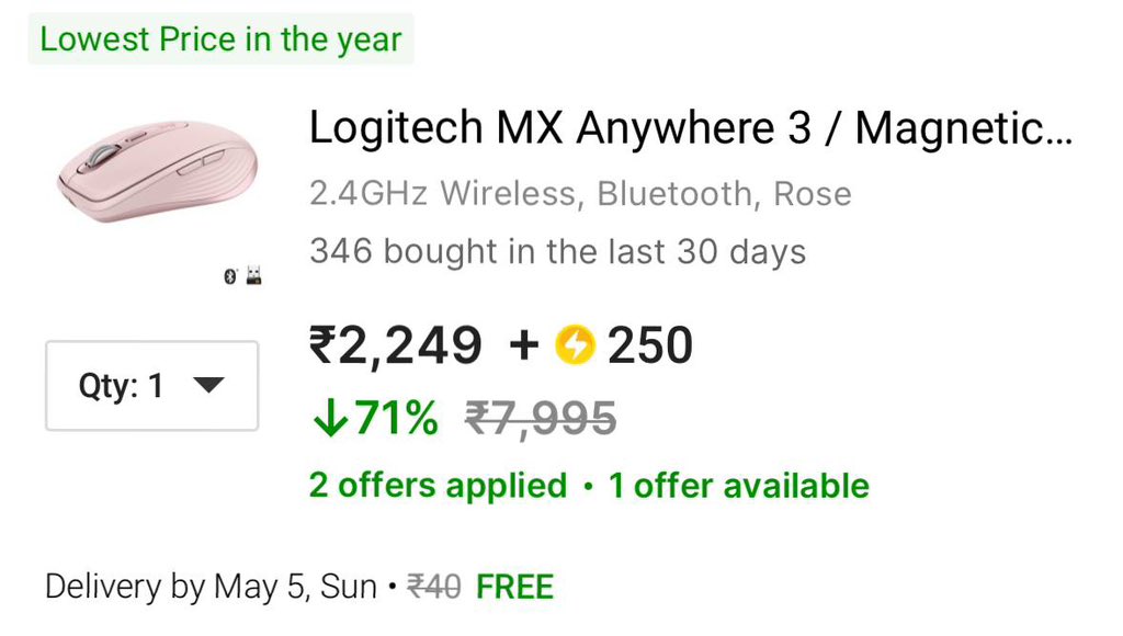 You can use upto 250 supercoins on this mouse 🔥🔥

Logitech MX Anywhere 3 for ₹2,499 

t.me/AmazingDealz11…