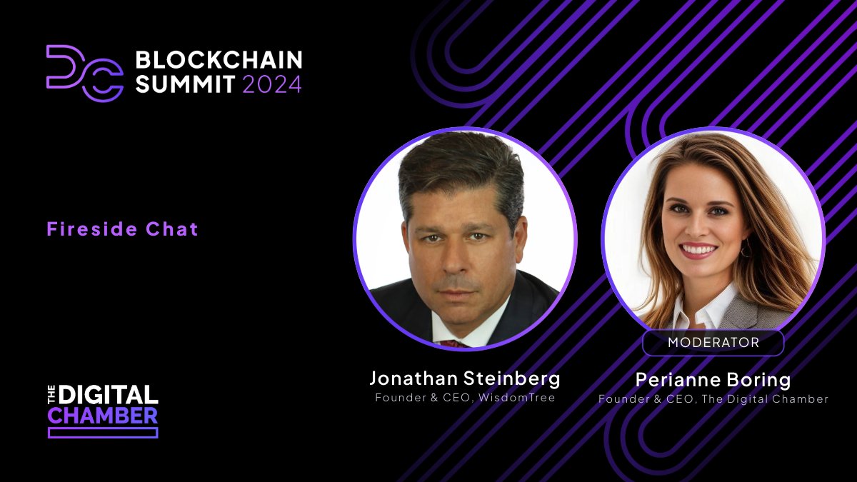Excited to announce a Fireside Chat at #DCBlockchain Summit w/ Jonathan Steinberg, CEO of WisdomTree Investments, a top ETP issuer with $100B+ AUM! Hear his insights on recent #Bitcoin ETF approvals. Moderated by @PerianneDC. Join us on 5/15/24 in DC: ➡️dcblockchainsummit.com