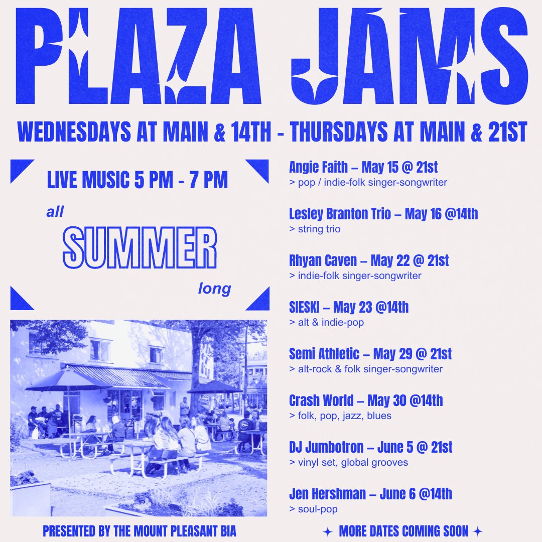 Hey #YVR - our outdoor pop-up concert series is coming back w ✨Plaza Jams✨ this summer! Come by our Main St plazas for FREE outdoor live music featuring local artists across diverse genres and styles. Stay tuned for our June-Sept lineup, and more events announcing soon 👀