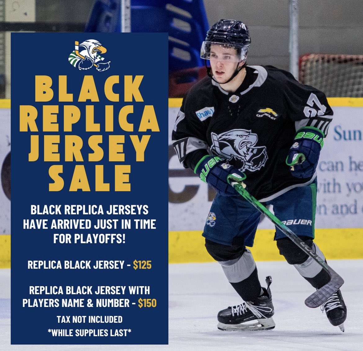 Black replica jerseys are here for playoffs! 🦅 Make sure to stop by the merch booth on Saturday night to get yours! #SoarWithUs | #Surrey | #BCHL