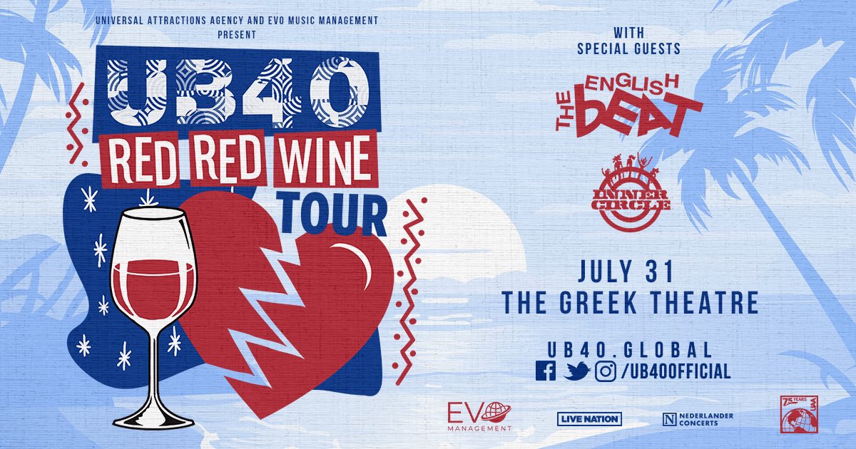 English reggae band @UB40OFFICIAL is returning to LA on their Red Red Wine tour, with special guests @TheEnglishBeat and @BadBoysOfReggae 🍷 Get tickets now to their show at the @Greek_Theatre on Wed, July 31st with presale code WINE! 🎟️: ticketmaster.com/event/09006092…