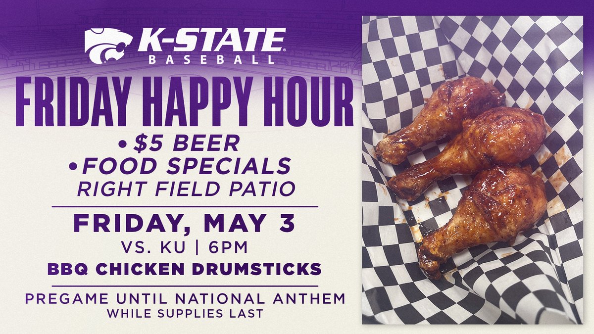 Got your tickets to tomorrow’s series opener vs. KU? Arrive early to enjoy another Friday Happy Hour in Tointon! 🍻 $5 select domestic beers 🍗 Specialty BBQ chicken drumsticks