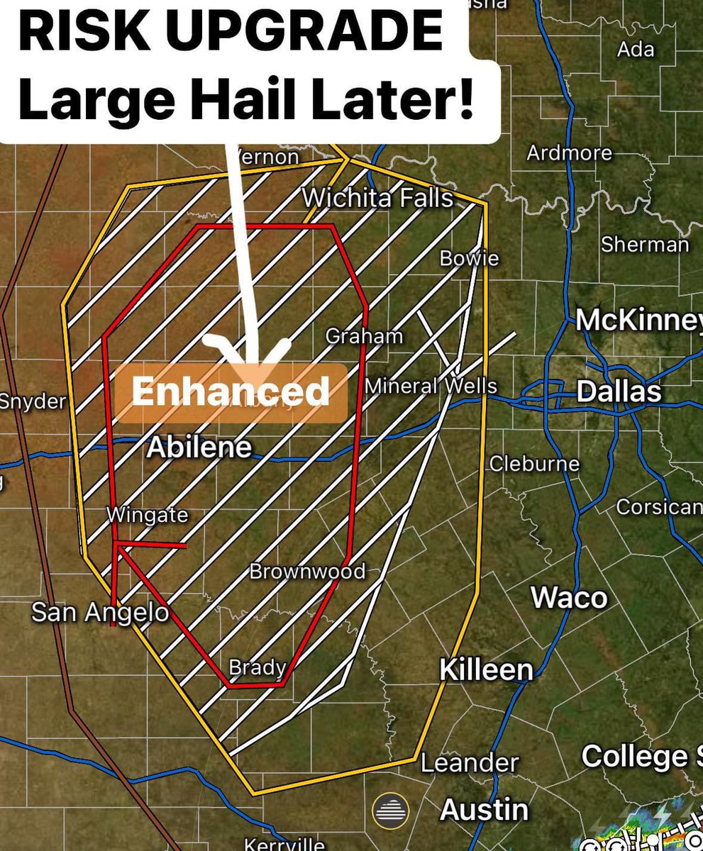 Higher confidence in large damaging hail later in western North and Central Texas has led to a categorical risk upgrade - now a level 3/5 ENHANCED risk! We will provide live coverage if and when we get a tornado warning in the state. #txwx #hail