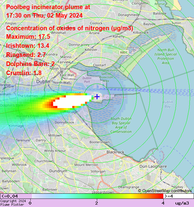 Latest Poolbeg incinerator plume plot, 17:30 02/05/24 #Irishtown #Ringsend #DolphinsBarn plumeplotter.com/poolbeg/