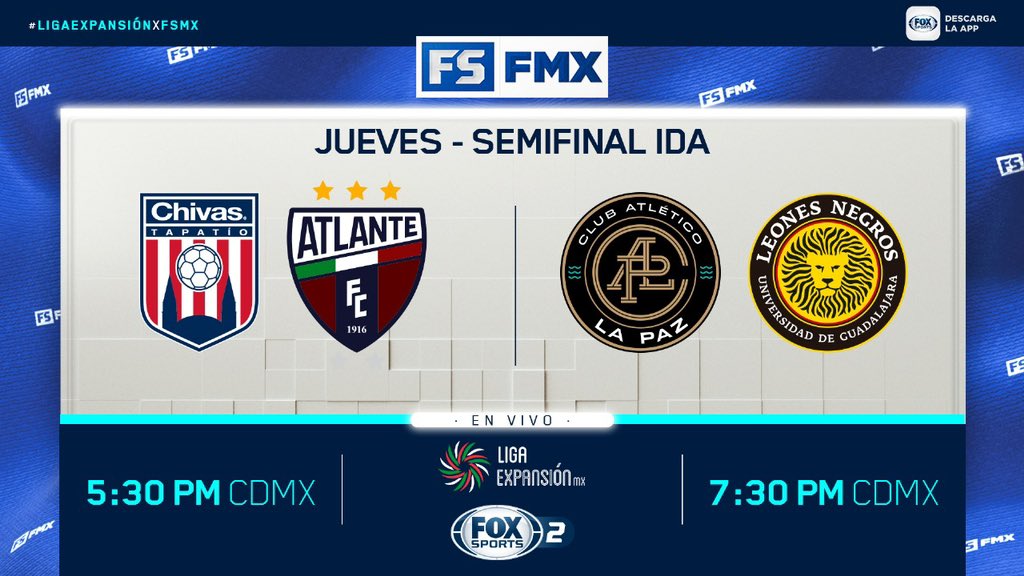 Los 4 mejores equipos se enfrentan en las Semifinales Ida de la #LigaExpansiónxFSMX ⚽ 5:25 PM CDMX - @TapatioCD 🆚 @Atlante 7:25 PM CDMX - @atleticolapaz 🆚 @LeonesNegrosCF Jueves en vivo por @FOXSportsMX 2️⃣