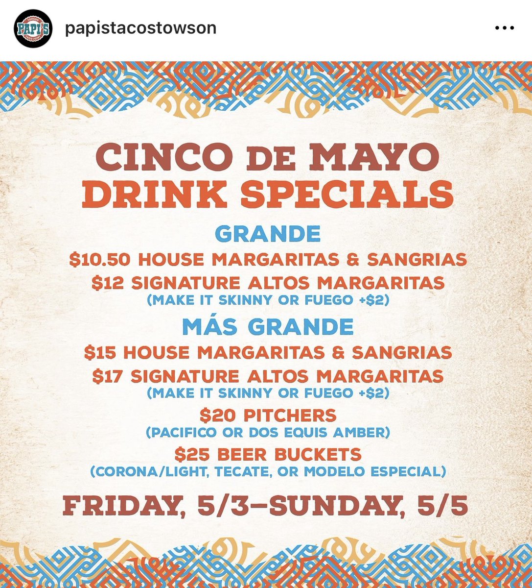 #Cincodemayo with Papi's Taco towson🍹🌮 🍹

#DulaneyPlaza #Community #Shoplocal #Supportlocal #Celebrate #Cinco #Weekend #Sundayfunday #Happyhour #Cheers #Specials