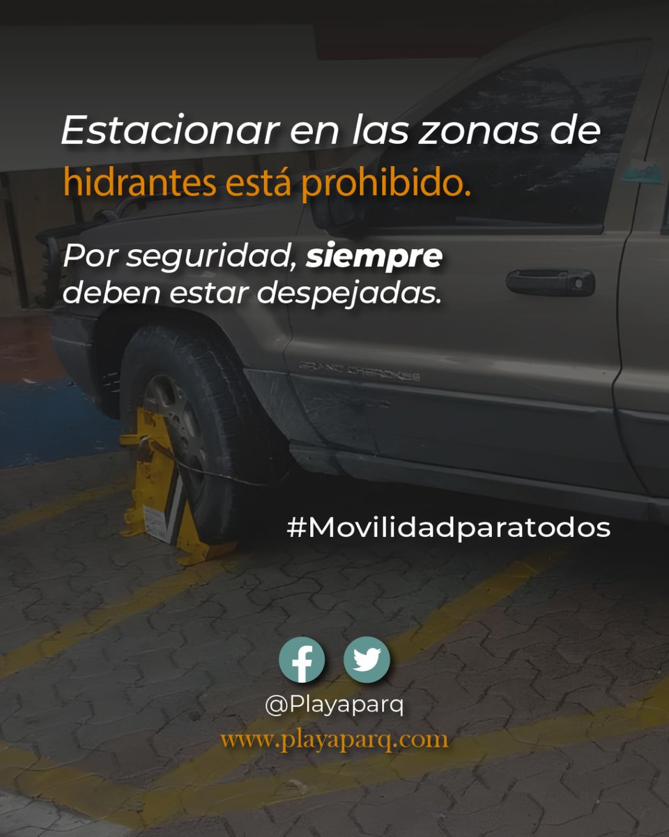 🚨 Por seguridad, recuerda que está prohibido estacionar en las zonas de hidrantes o de resguardo. Mantengamos estas áreas despejadas para garantizar la seguridad de todos. 🚒🅿️ #Movilidadparatodos #PlayaParq