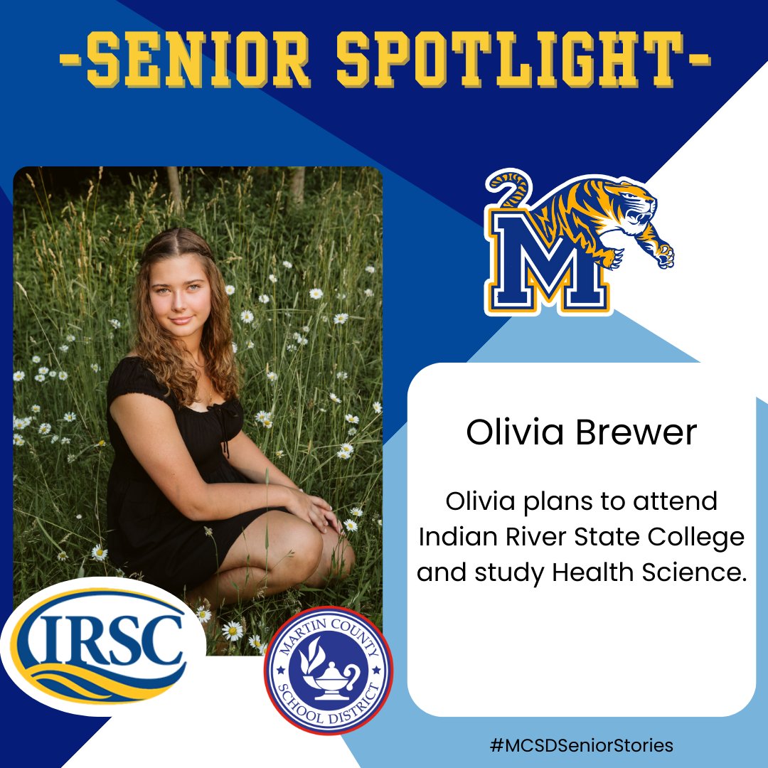 🎓#MCSDSENIORSTORIES🎓 This afternoon, we are shining a spotlight on @MartinCountyHi1 senior Olivia Brewer! Olivia plans to attend @IRSCTheRiver and study health science. 🎉Congratulations, Olivia!🎉 #ALLINMartin👊 #PublicSchoolProud #Classof2024