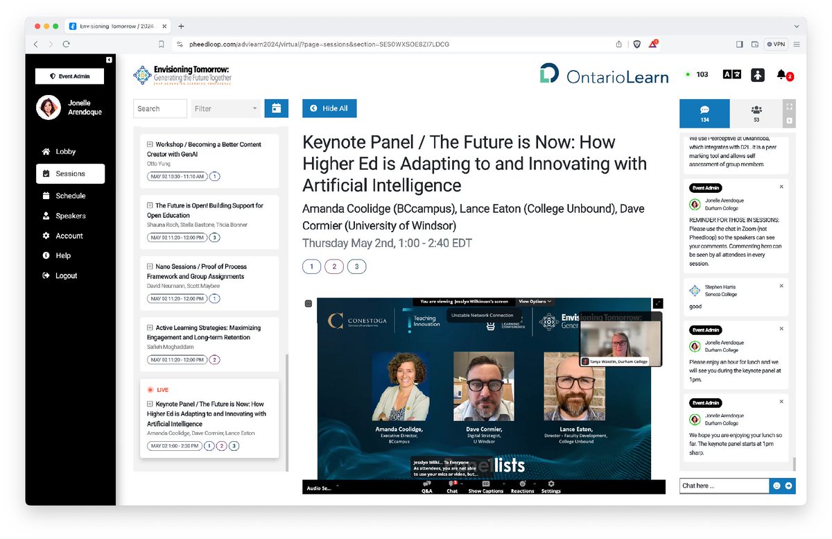 advlearn's tweet image. We're wrapping up ALC with our Keynote Panel, "The Future is Now: How Higher Ed is Adapting to and Innovating with Artificial Intelligence" with Amanda Coolidge (BCcampus), Lance Eaton (College Unbound), Dave Cormier (University of Windsor). #advlearn2024