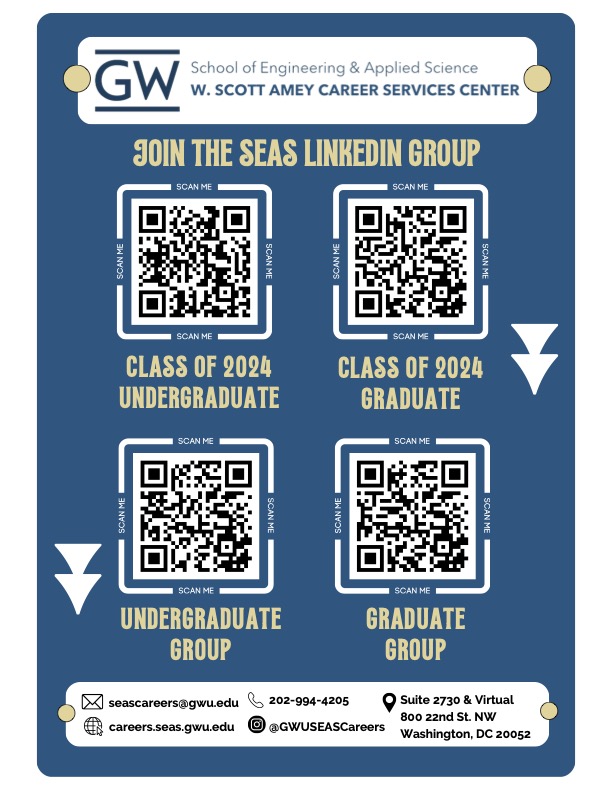 We have exciting news for the #Classof2024! Want to win a $500 gift card to the GW campus bookstore? Join the exclusive LinkedIn groups, created by @GWSEASCareers, by May 20th to be entered into the raffle. Scan the QR code & start connecting now!