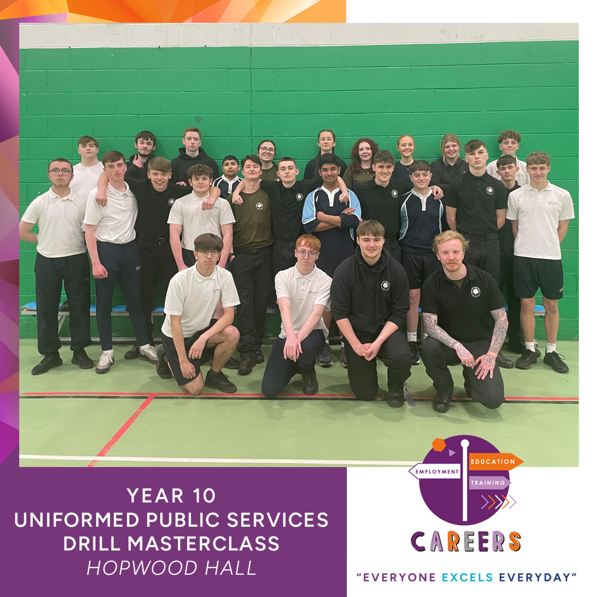 On a trip to Hopwood Hall's Middleton Campus our Y10 students interested in Uniformed Public Services immersed themselves in a day packed with experiences:👮‍♂️ Drill Session, 🤝 Teambuilding Session & 💼 Careers Talk! @WCSQM #raisingrochdale #worldclass #everyoneexcelseveryday
