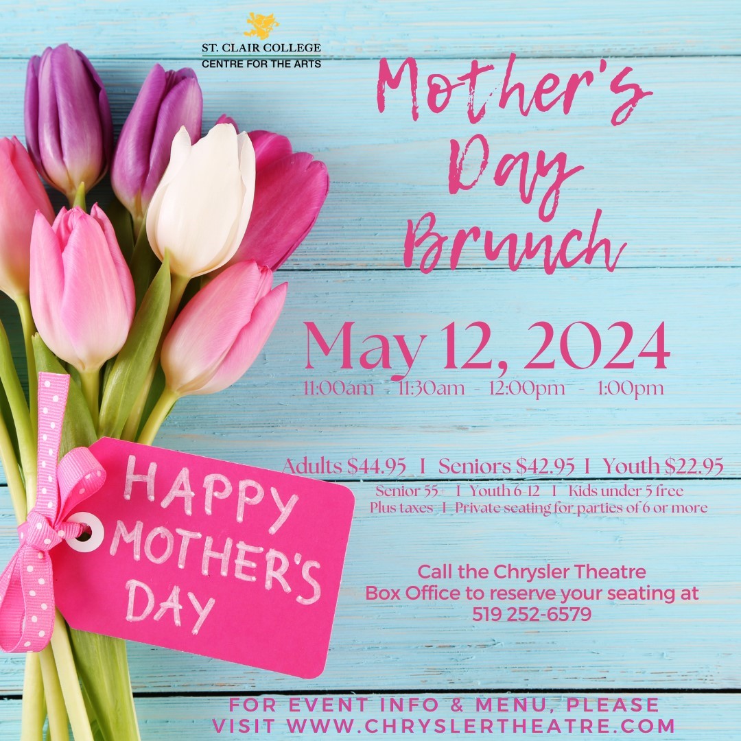 Treat mom to a Mother's Day brunch that will make her feel like the queen she is!🌷🥂 Look forward to a variety of mouth-watering dishes, as well as a delectable dessert extravaganza. Call 519 252-6579 or visit chryslertheatre.com for more details. #MothersDayBrunch #Brunch