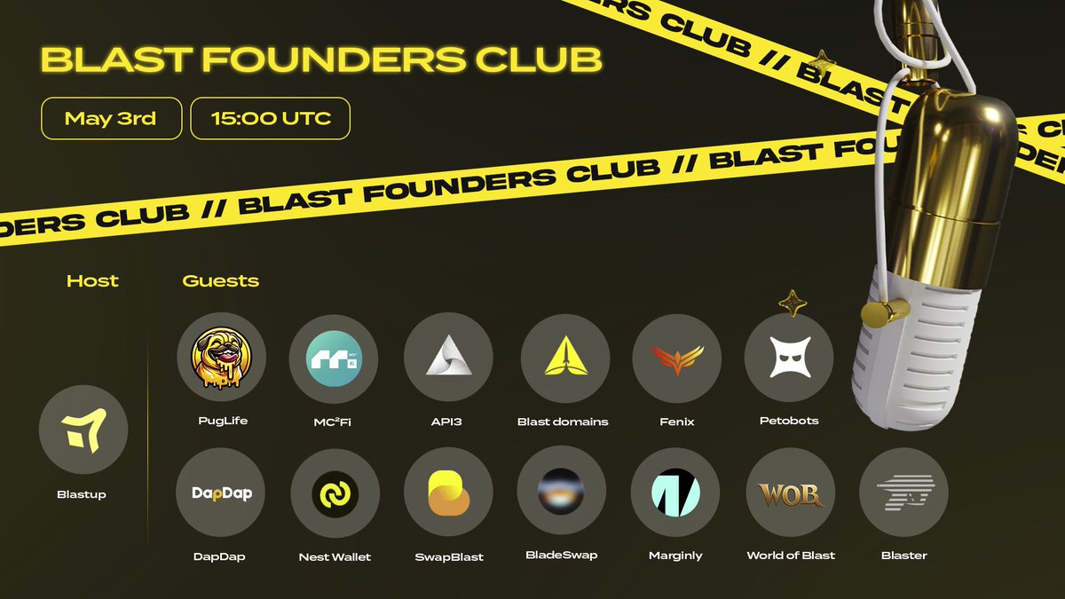 Blastup_io's tweet photo. Get ready for an epic event!

🗓️ Mark your calendars for the Blast Founders Club Space happening on May 3rd at 15:00 UTC!

Join us for an incredible lineup featuring @mcsquaredfi, @PugLifeGame, @API3DAO, @BlastDomains, @dapdapio, @nestwalletxyz, @SwapBlast, @fenixfinance, @Bladeswapxyz, @WorldOfBlast,  @marginlycom, @Petobots, and @BlasterSwap.

Join us for project discussions, insights into the Blast L2 ecosystem, and the latest news.

Don't miss!
🔗https://t.co/5sFoZhl6k6

#BlastFoundersClub