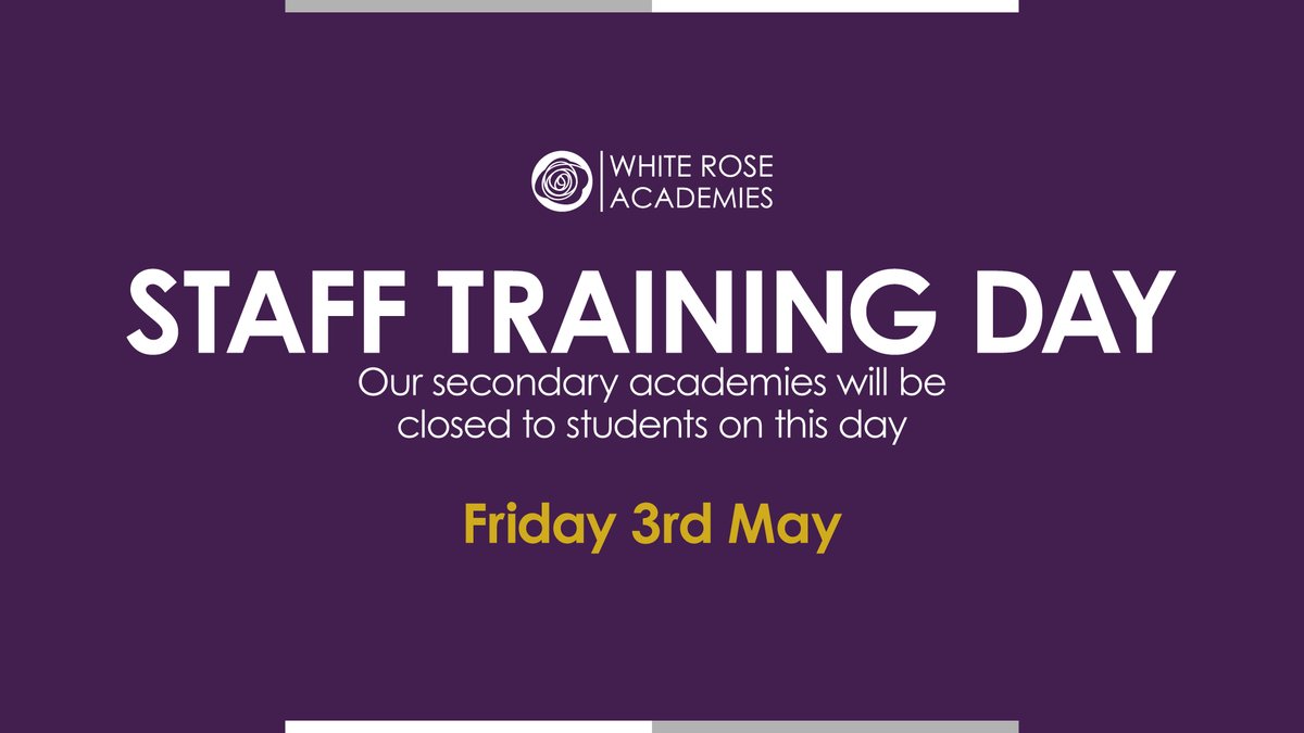 Please be advised that tomorrow (Friday 3rd May) is a staff training day across our secondary academies with training focused on the theme of inclusion. Our academies will be closed on this day and will reopen to students on Tuesday 7th May after Bank Holiday Monday.