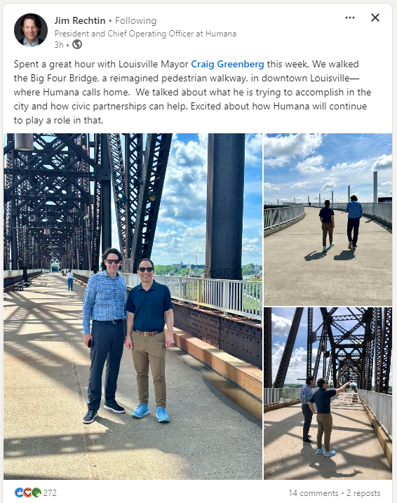 👀 From over on @LinkedIn, future @Humana CEO Jim Rechtin and @LouisvilleMayor took a walk together this week. When Rechtin was hired last year, @Humana gave him the choice of moving to Louisville or Washington, D.C. before he takes over later this year.