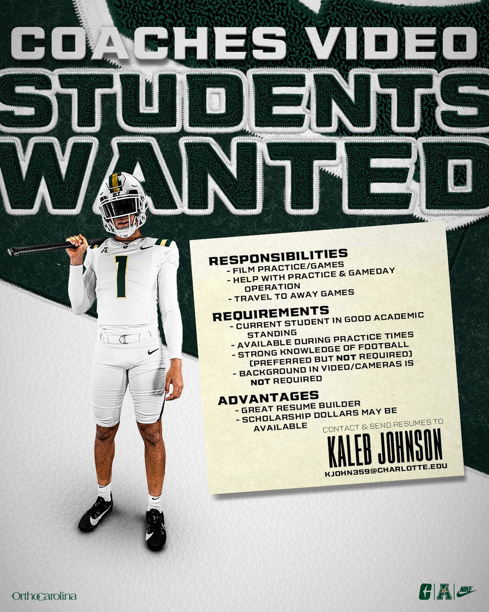 🚨Help Wanted🚨 Charlotte Football is looking for Video Student Interns!⛏️ Send all resumes & class schedules to Kaleb Johnson kjohn359@charlotte.edu
