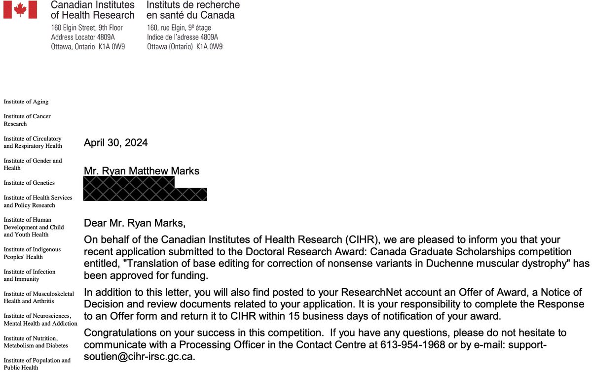 ryanmmarks's tweet photo. Honoured to receive a Canada Graduate Scholarship - Doctoral (CGS-D) from @CIHR_IRSC !

Very excited to continue our work developing precision genome editing therapeutics in the @ronald_cohn &amp; @EIvakine labs!

@SickKidsNews 
@MoGen_Grad 
@uoftmedicine 
@UofT https://t.co/Adb6TDr0nA