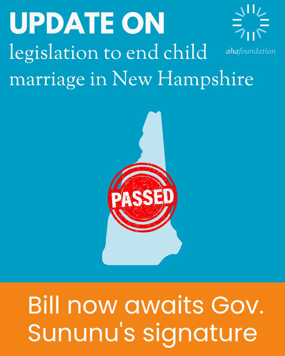 Victory! New Hampshire House votes 192-174 to end child marriage, a step forward in safeguarding the rights and futures of young girls. Now, it's up to Gov. Chris Sununu to make history. Let's unite to eliminate this human rights abuse once and for all! #EndChildMarriage