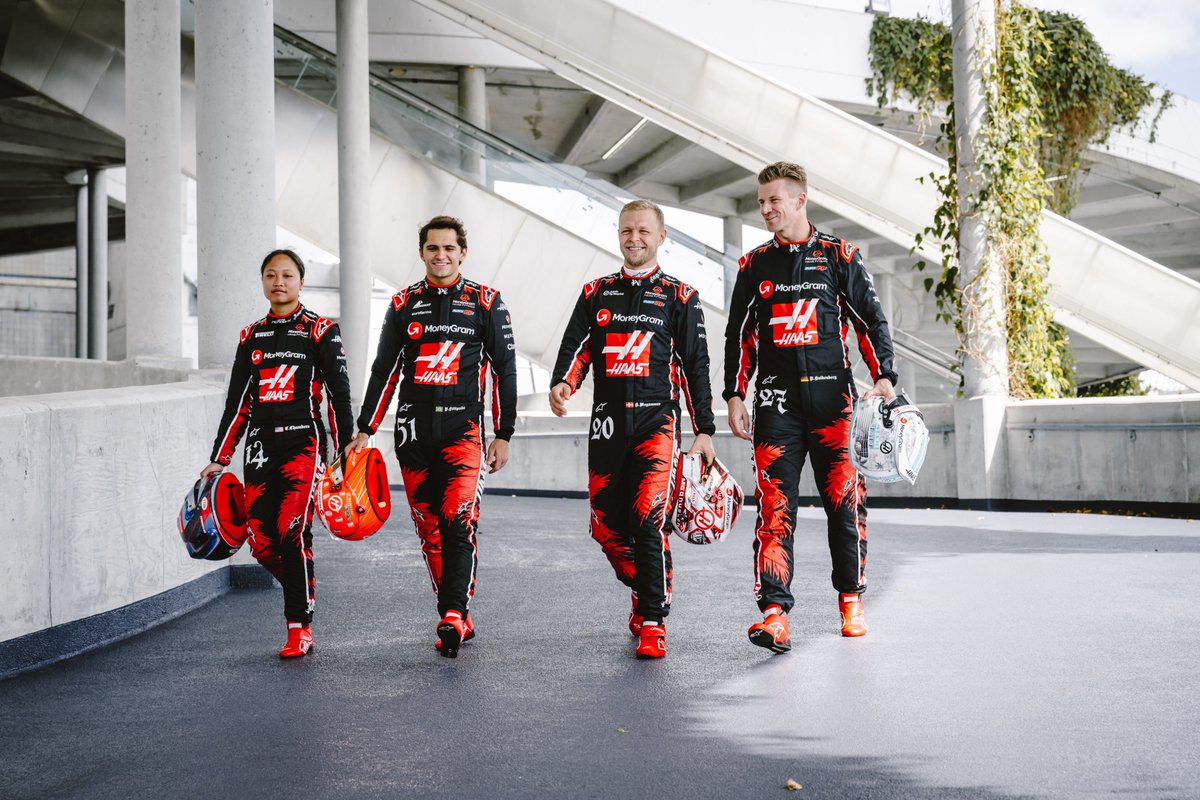 Getting the gang back together in Miami 🙌 Chloe, Pietro, Kevin & Nico showcasing our #MiamiGP suits, @palmangels style 🌴 #HaasF1