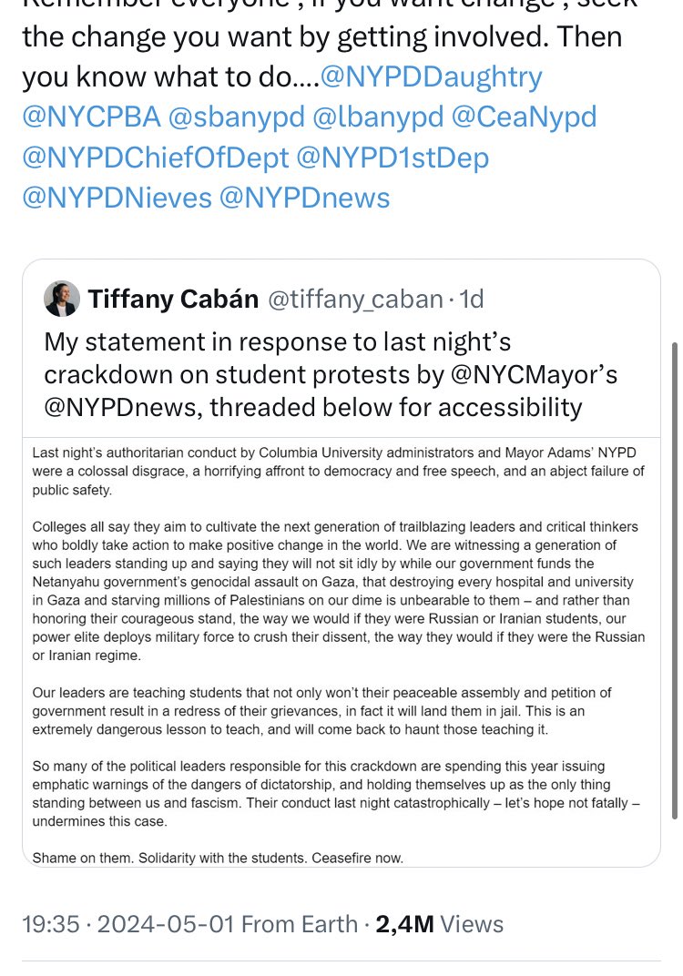 .@NYPDChiefPatrol has deleted this tweet where he wrote that @tiffany_caban 'hates our city' before urging his followers to start 'getting involved' if they 'want change.' This comes after Chell drew electioneering concerns over a similar post in April: nydailynews.com/2024/04/02/ada…