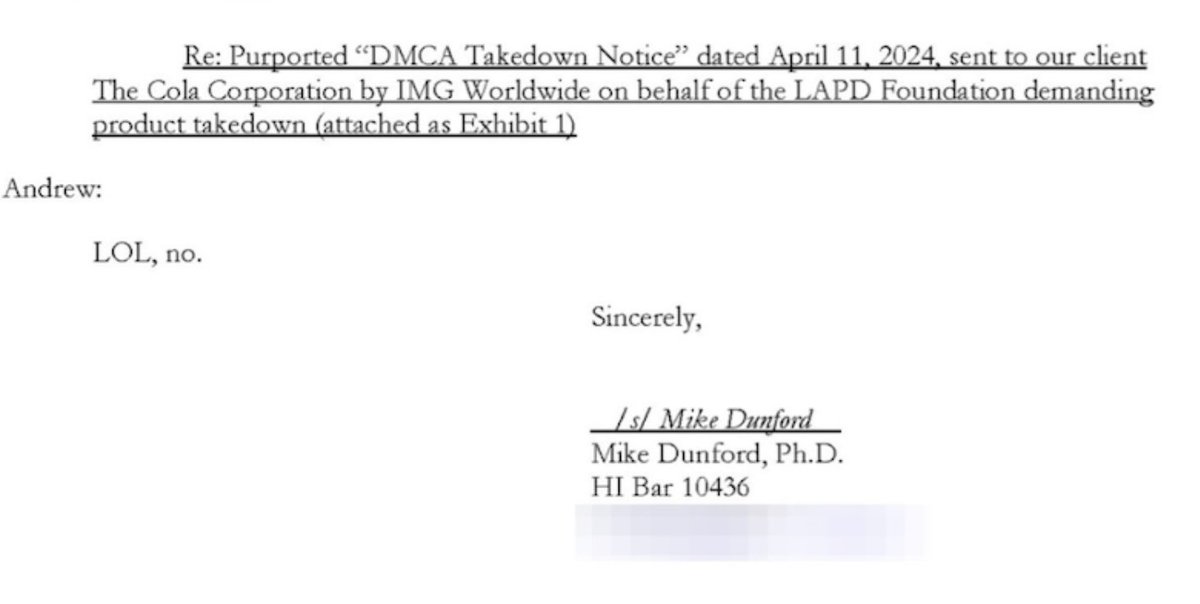 RobertFreundLaw's tweet image. The LA Police Foundation sent a C&amp;amp;D letter to the seller of shirts that said "FUCK THE LAPD."

The Foundation said it holds exclusive IP rights to the word "LAPD."

The seller's response was succinct: