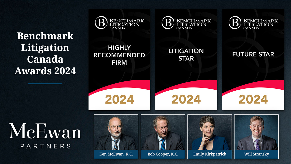 McEwan Partners is honoured to have our firm and lawyers recognized in the Benchmark Litigation Canada Awards.

View the firm's Benchmark Litigation profile: benchmarklitigation.com/Firm/McEwan-Pa…