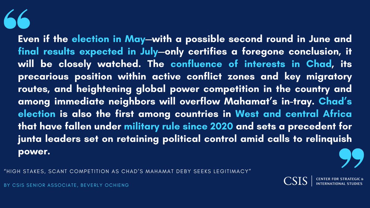 New Commentary from @CSIS Senior Associate, @BeverlyOchieng on 'High Stakes, Scant Competition as Chad’s Mahamat Deby Seeks Legitimacy' Read the full commentary here: bit.ly/44nTFnY