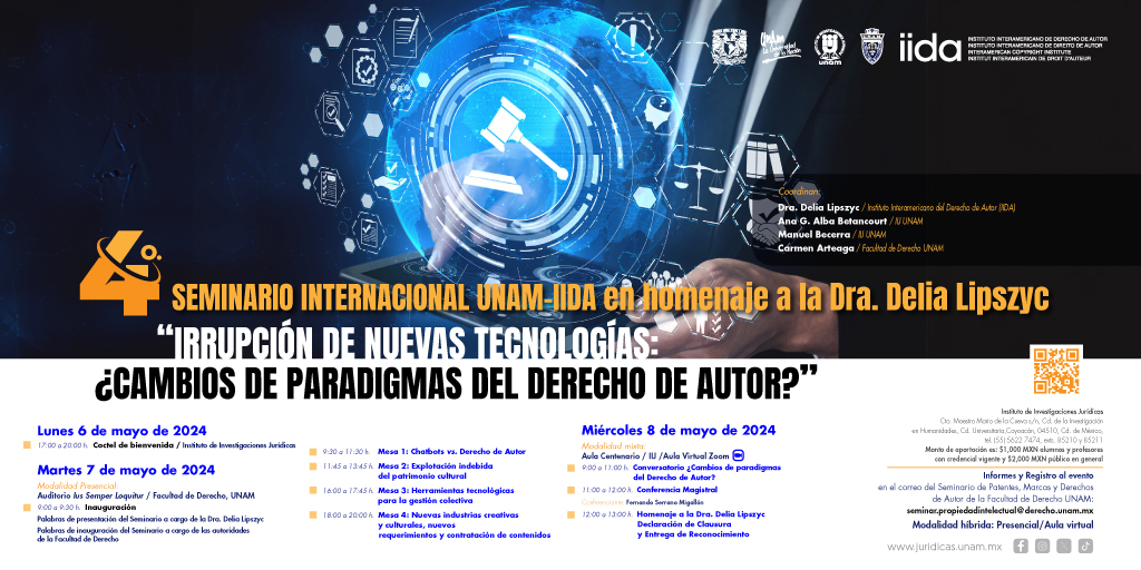 El #IIJUNAM y te invita a analizar y reflexionar sobre los efectos de las nuevas tecnologías y su impacto en los principios fundamentales que dan esencia al Derecho de Autor. 📧Solicita todos los informes e inscríbete al correo 👉 seminar.propiedadintelectual@derecho.unam.mx