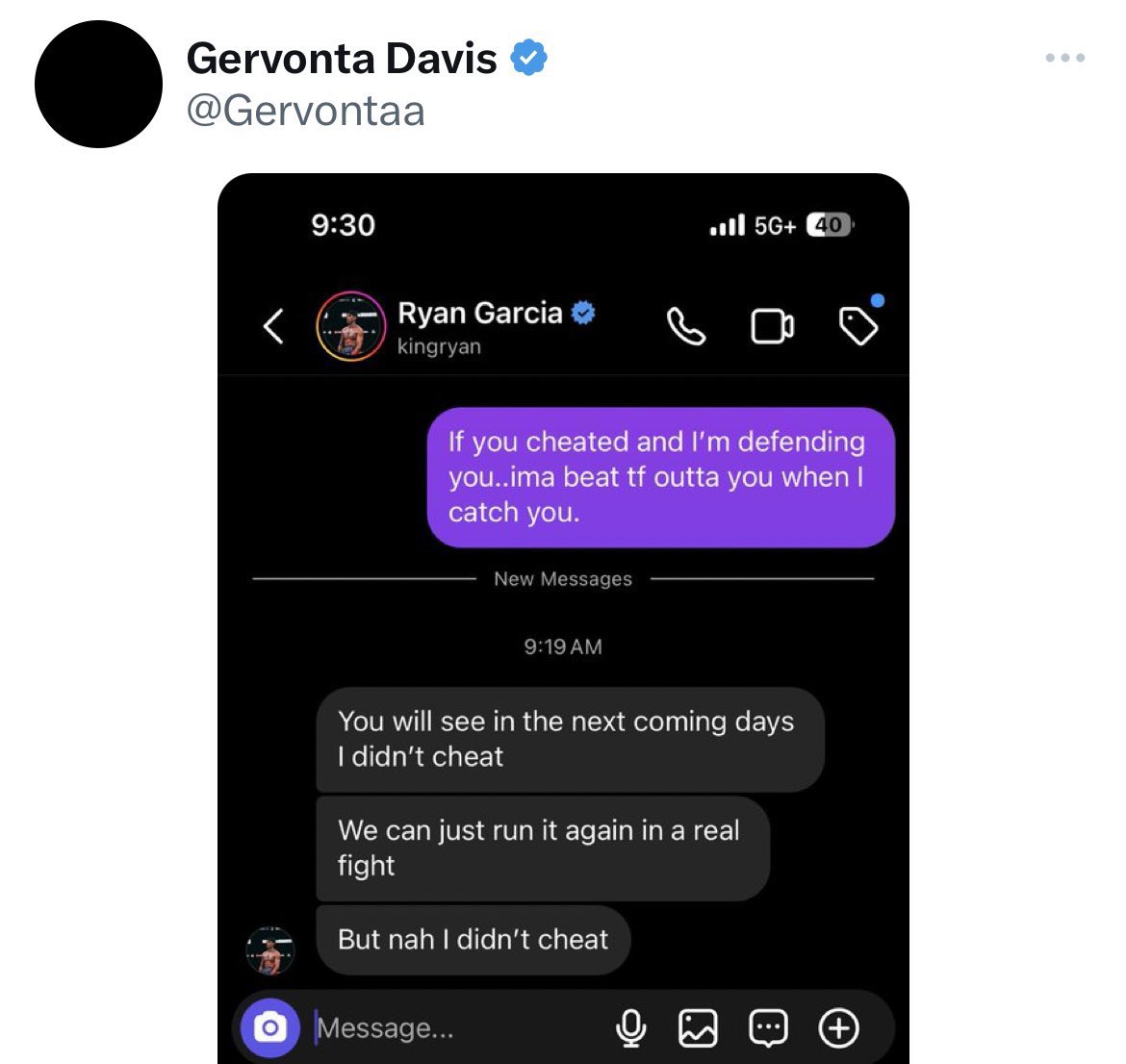 Gervonta Davis posting his DMs with Ryan Garcia about his positive drugs tests “if you cheated & I’m defending you.. imma beat tf outta u when u catch u”