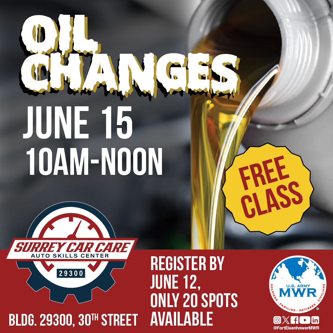 🛻Want to learn how to change your oil? Sign up now for Surrey Car Care's next class! Open to those 18 years & older, there are only 20 spots available for this FREE class. Registration closes on June 12th.

To sign up, visit: eisenhower.armymwr.com/free-auto-clas…!

#EisenhowerMWR #OilChange