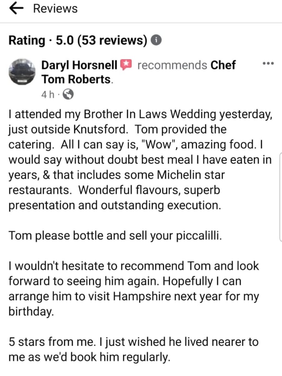 Proud review from yesterdays wedding. 

☎️ 07305 613062
📧 tom@tomrobertschef.com
🖥 tomrobertschef.com
📸 @tomrobertschef 

#wedding #privatechef #chef #dinnerparty