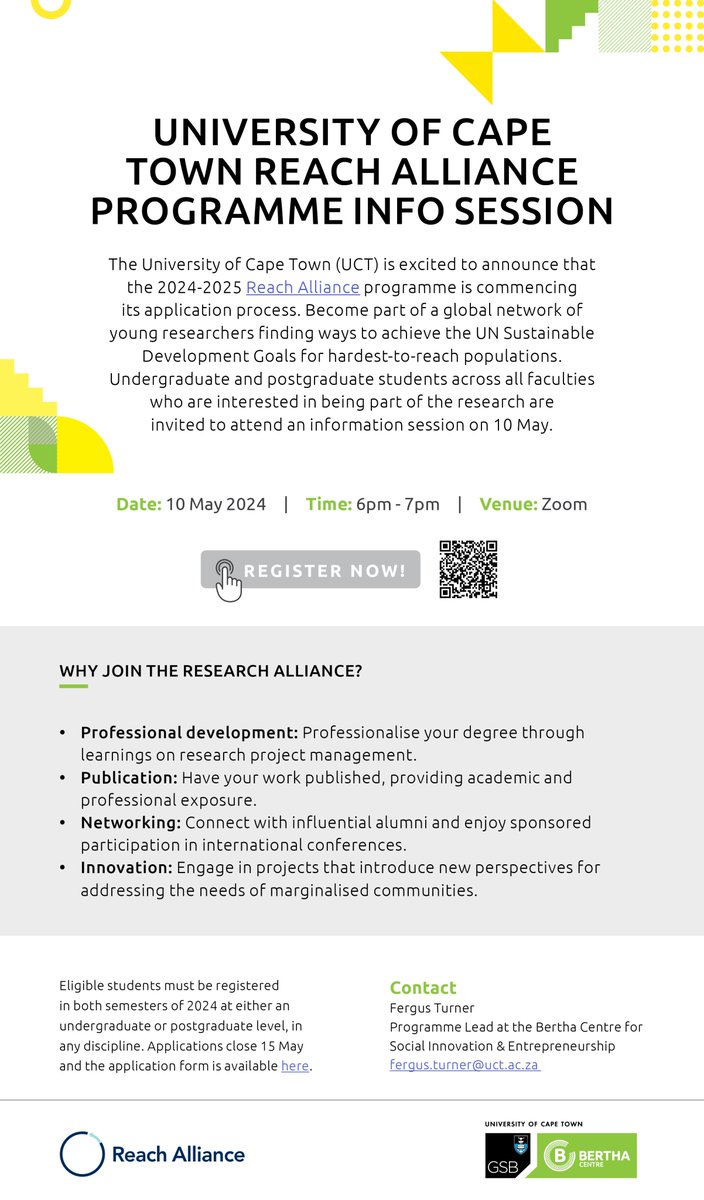 [APPLY NOW] University of Cape Town Reach Alliance Programme applications open. Undergraduate and postgraduate students across all faculties who are interested are invited to an info session on 10 May. @UCT_news Register here to attend info session: bit.ly/3xTz3YB