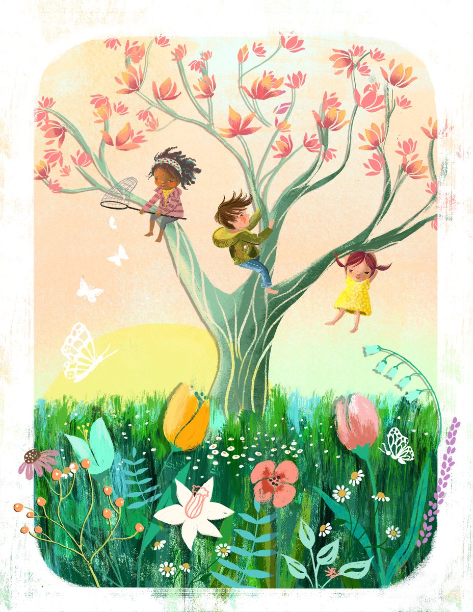 May #KidLitArtPostcard ! In these fleeting, magical spring weeks...  when life unfolds sandwiched between a carpet of flowers and above...even more blooms, mirroring Earth's beauty in the heavens! Earth on heaven, a rare beautiful alignment  🌻 #kidlit #kidlitart