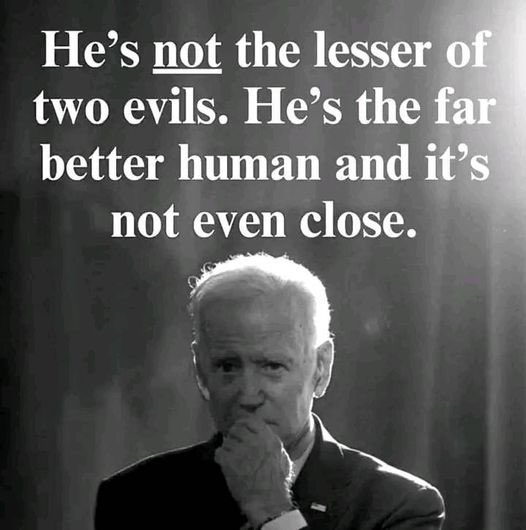 #ProudBlue #DemVoice1 I’m TIRED of people saying Joe Biden is the lesser of 2 evils. Biden is kind, patient, compassionate, humble, respectful, and knowledgeable. He is a GOOD human. None of these words can be used to describe the Republican who is running for POTUS.