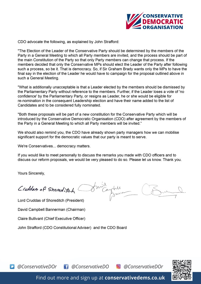 Our letter to Sir Graham Brady regarding his call to ban Party Members from voting in leadership elections when our party is in power. #CDO strongly believe that members participation in a vote is a vital part of the membership offering and MUST be respected by all MPs.