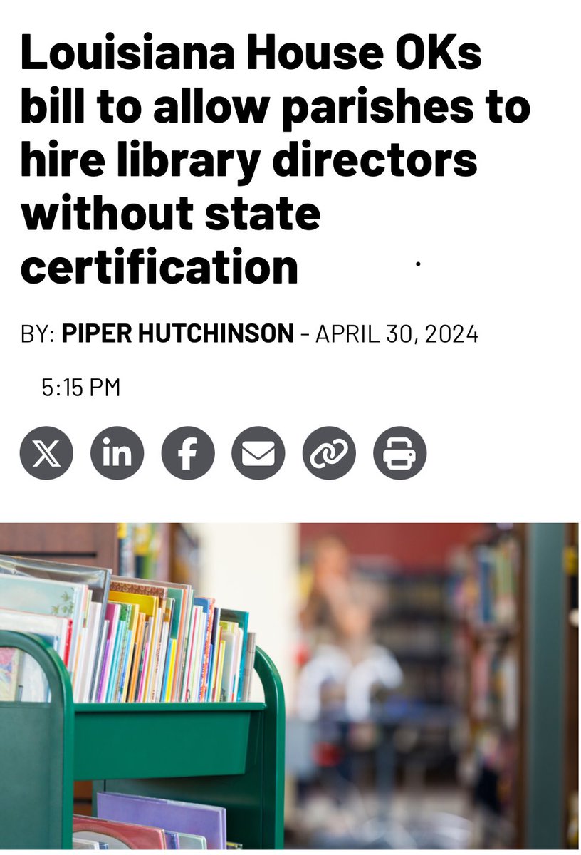 #USDemocracy #DemVoice1 The Louisiana GOP now wants to hire people without certification as library directors. So unqualified people will now be running our libraries. Good job, GOP. Keep dragging us back to the dark ages. Our young people will be save us-by voting you out, as…