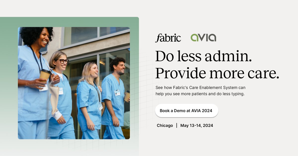 We're in Chicago May 13-14 for the Avia Network Summit. Let’s find time to discuss your top goals for 2024 and how Fabric can help you unlock clinical capacity to improve outcomes, enhance patient and provider experiences, and drive revenue.

Let's meet: hubs.ly/Q02vWNXg0